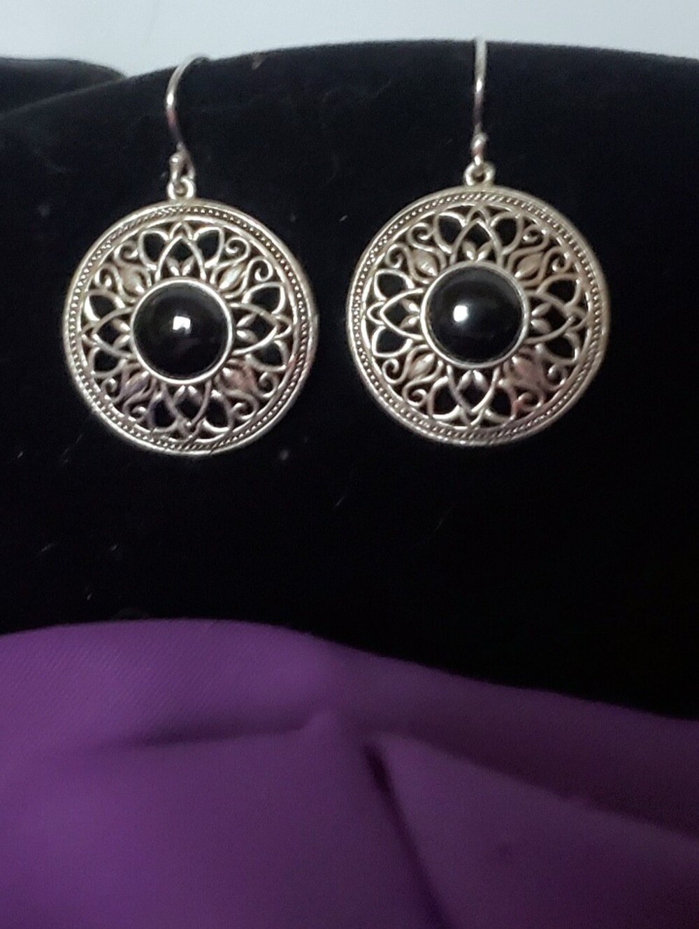 925 Onyx Round Medallion Dangle Hook in Earrings Black Sterling Silver